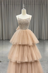 Champagne Tulle Layers Long A-Line Prom Dresses, Spaghetti Strap Beaded Evening Dresses