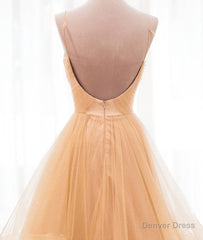 Champagne tulle long prom dress, champagne evening dress