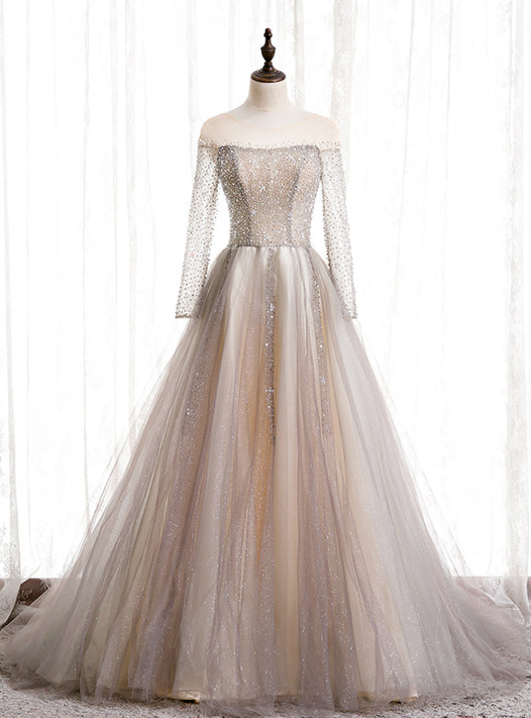 Champagne Tulle Long Sleeve Beading Prom Dress