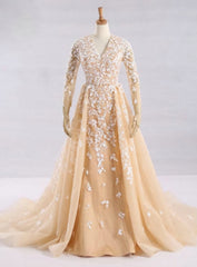 Champagne Tulle Long Sleeve Nude Color Tulle Crystal Royal Party Dresses