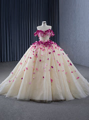 Champagne Tulle Off the Shoulder 3D Flower Beading Prom Dresses