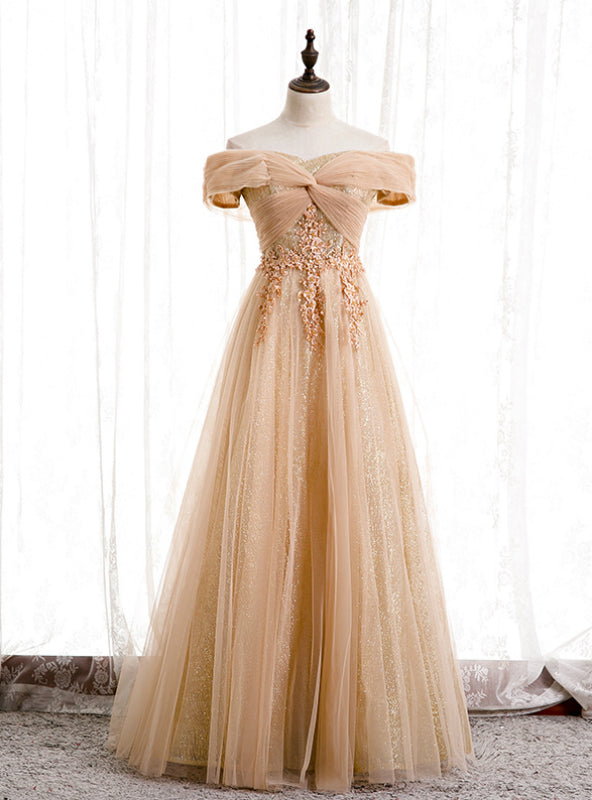 Champagne Tulle Off the Shoulder Embroidery Off the Shoulder Prom Dress