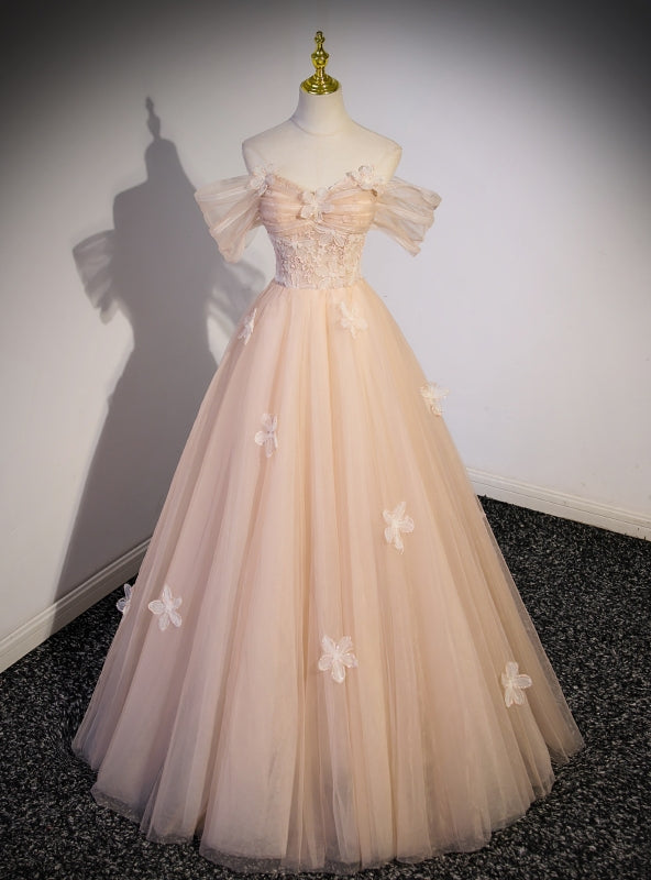 Champagne Tulle Off the Shoulder Flower Prom Dress