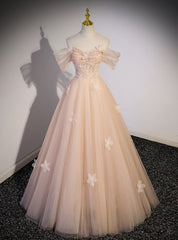 Champagne Tulle Off the Shoulder Flower Prom Dress