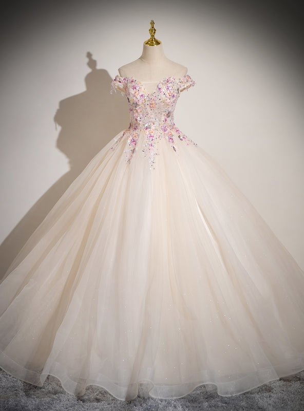 Champagne Tulle Pink Sequins Off the Shoulder Quinceanera Dress