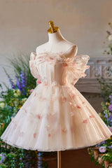 Champagne Tulle Print Knee Length Prom Dresses, Lovely Off the Shoulder Backless Party Dresses