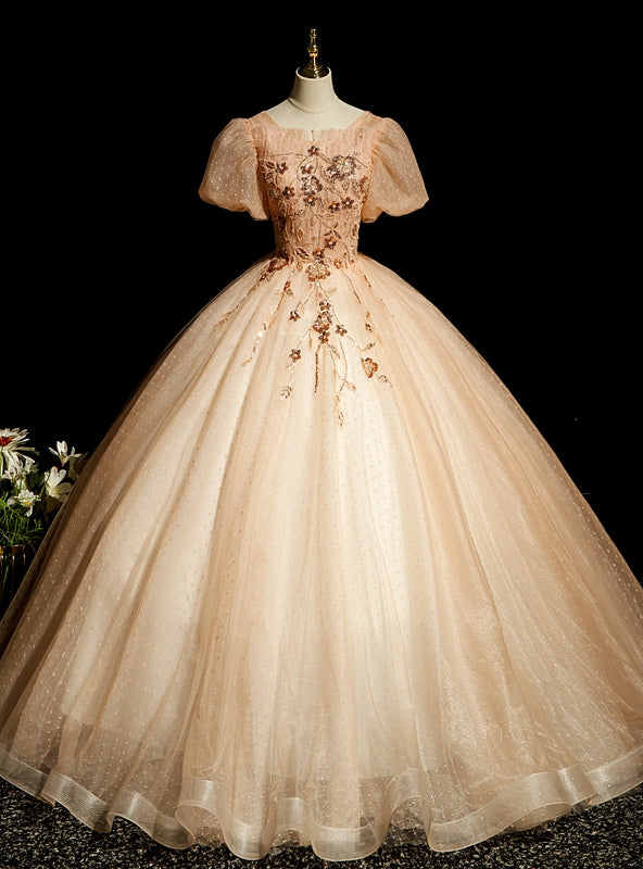 Champagne Tulle Puff Sleeve Beading Quinceanera Dress