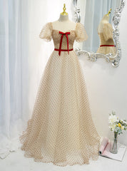 Champagne Tulle Puff Sleeve Prom Dresses With Red Bow