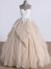 Champagne Tulle Ruffles Long Backless Lace Appliques Quinceanera Dresses