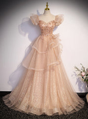 Champagne Tulle Sequins Beading Puff Sleeve Prom Dresses