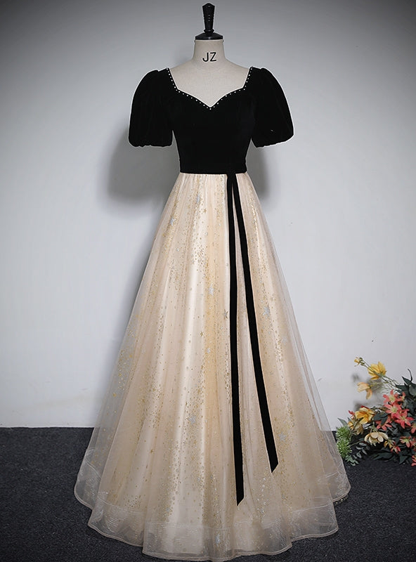 Champagne Tulle Sequins Black Velvet Short Sleeve Prom Dres