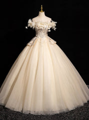 Champagne Tulle Sequins Flower Quinceanera Dresses