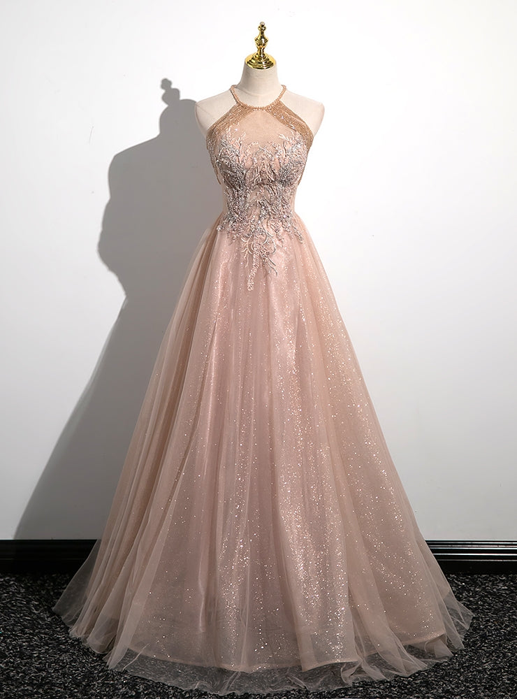 Champagne Tulle Sequins Halter Beading Prom Dress