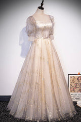 Champagne Tulle Sequins Long Prom Dresses, Cute 1/2 Sleeve Party Dresses