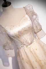 Champagne Tulle Sequins Long Prom Dresses, Cute 1/2 Sleeve Party Dresses