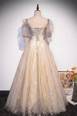 Champagne Tulle Sequins Long Prom Dresses, Cute 1/2 Sleeve Party Dresses