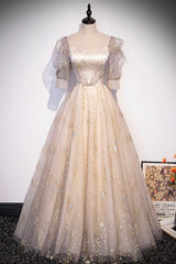 Champagne Tulle Sequins Long Prom Dresses, Cute 1/2 Sleeve Party Dresses