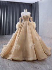 Champagne Tulle Sequins Prom Dresses With Detachable Sleeve