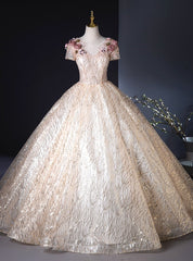 Champagne Tulle Sequins Short Sleeve 3D Flower Quinceanera Dresses