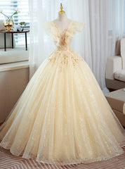 Champagne Tulle Sequins V-neck Beading Quinceanera Dress