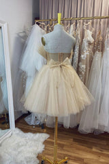 Champagne Tulle Short A-Line Prom Dresses, Lovely Strapless Party Dresses