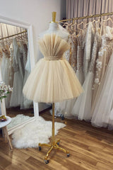 Champagne Tulle Short A-Line Prom Dresses, Lovely Strapless Party Dresses