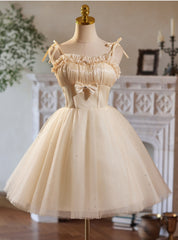 Champagne Tulle Spaghetti Straps Bow Homecoming Dress