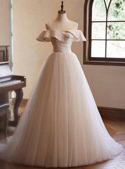 Champagne Tulle Spaghetti Straps Pleats Wedding Dresses