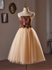 Champagne Tulle Strapless Tea Length Homecoming Dresses