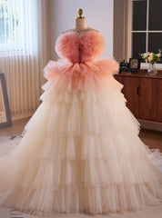 Champagne Tulle Strapless Tiers Prom Dresses