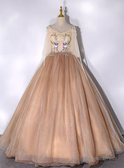 Champagne Tulle Straps Appliques Quinceanera Dress