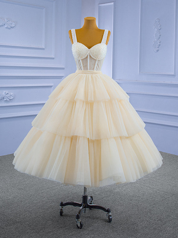 Champagne Tulle Straps Tiers Beading Short Prom Dress