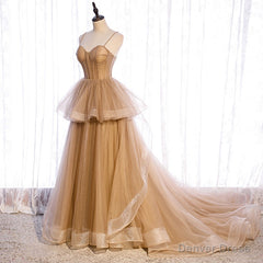 Champagne Tulle Sweetheart Straps Long Ball Gown Prom Dresses, Champagne Party Dresses