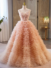 Champagne Tulle Tiers Sequins Quinceanera Dresses