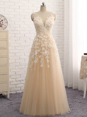 Champagne Tulle V-neck See Through Back Appliques Prom Dress