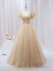 Champagne Tulle V-neck Short Sleeve Pleats Beading Prom Dress