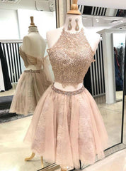 Champagne Two Piece Halter Lace Tulle Homecoming Dresses