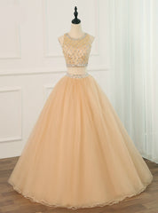 Champagne Two Piece O-neck Sparkling Beaded Crystals Tulle Sweet 16 Dresses