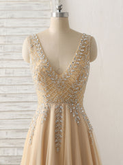 Champagne V Neck Beads Long Prom Dresses Tulle Evening Dresses