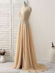 Champagne V Neck Beads Long Prom Dresses Tulle Evening Dresses