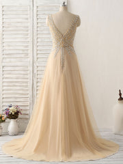 Champagne V Neck Beads Long Prom Dresses Tulle Evening Dresses