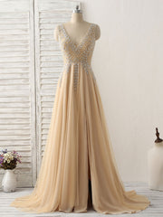 Champagne V Neck Beads Long Prom Dresses Tulle Evening Dresses