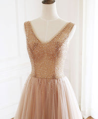 Champagne V Neck Tulle Beads Long Prom Dresses Evening Dresses