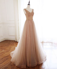 Champagne V Neck Tulle Beads Long Prom Dresses Evening Dresses