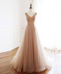 Champagne V Neck Tulle Beads Long Prom Dresses Evening Dresses