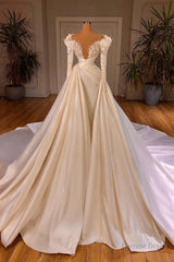 Charming A-Line Cathedral V-Neck Long Wedding Dress With Long Sleeves