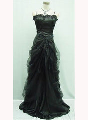 Charming Black Satin and Tulle Straps Beaded Long Party Dresses, A-line Black Prom Dresses