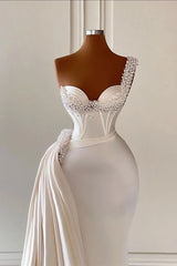 Charming Ivory One Shoulder Sleeveless Sweetheart A-line Bridal Dresses With Beads