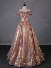 Charming Rose Gold Sequins Long Party Dresses, Off Shoulder Sequins Prom Dresses