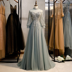 Charming Tulle Long Sleeves Beaded and Lace Long Party Dresses, A-line Tulle Formal Gown